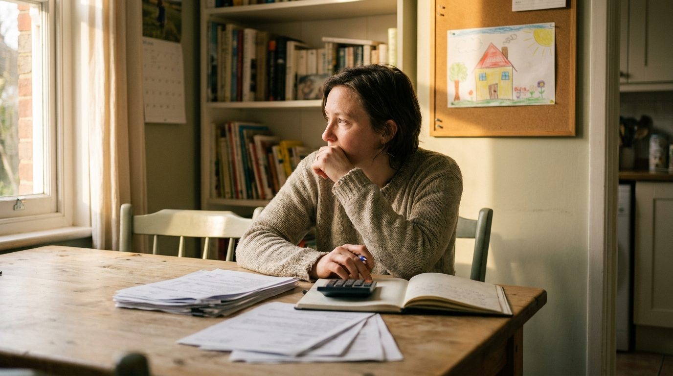 Progenitor revisando las finanzas familiares para modificar la pensión de alimentos tras el divorcio